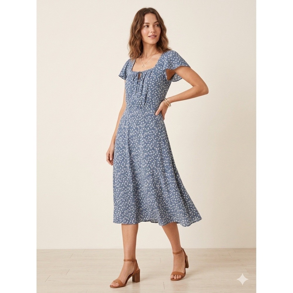 Women's‎ Blue Floral Print Midi Dress Square Neck Flutter Sleeve, Cottagecore 14
